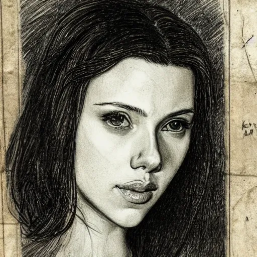 Prompt: a finished, detailed portrait sketch on parchment of a very young scarlett johansson, by leonardo davinci