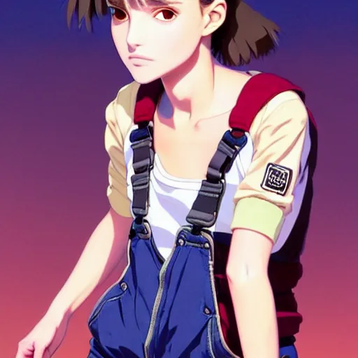 Image similar to a beautiful! boyish! natalie portman alluring gravure! model, wearing oversized mayan bomber jacket and leotard with overalls, bulky poofy bomber jacket with mayan patterns, gapmoe yandere grimdark, trending on pixiv fanbox, painted by greg rutkowski makoto shinkai takashi takeuchi studio ghibli, akihiko yoshida