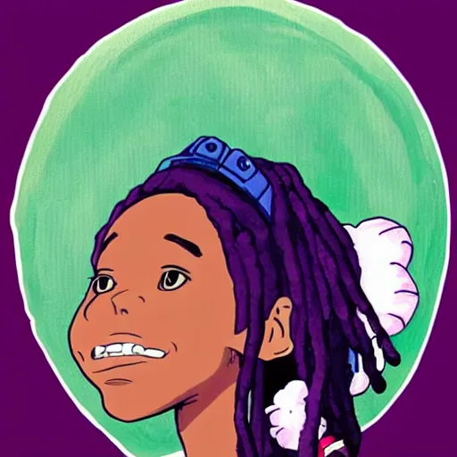 Image similar to black woman with purple dreads in space in the style of ghibli