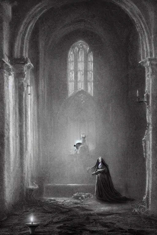 Image similar to baroque gothic woman, lit by a single candle, inside a ruined abbey, a crow watching, gustave dore, 4 k resolution, concept art, mist, autumnal, chiaroscuro,