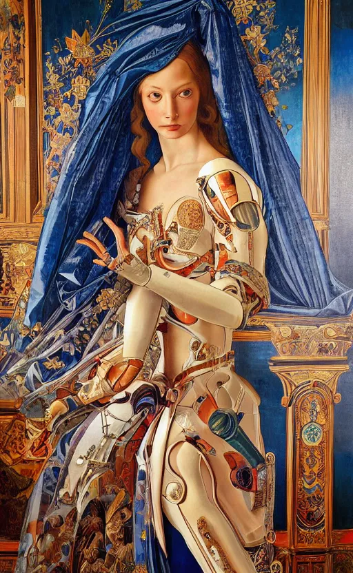 Image similar to beautifully painted mural of a stunning young cyborg muse in ornate royal garment, transparent linen fabric, space opera, beautiful ornaments, highly detailed, glowing eyes, sci fi setting, vogue cover poses, fashion magazine, mural in the style of sandro botticelli, caravaggio, albrecth durer