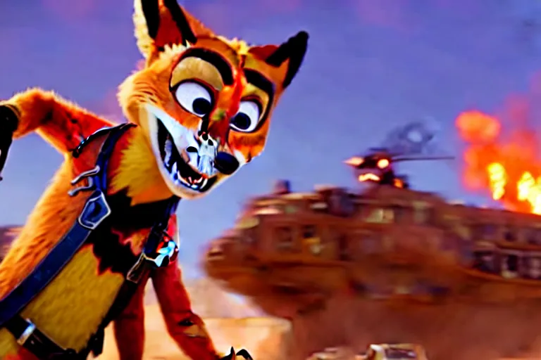 Image similar to nick wilde, heavily armed and armored facing down armageddon in a dark and gritty reboot from the makers of mad max : fury road : witness me