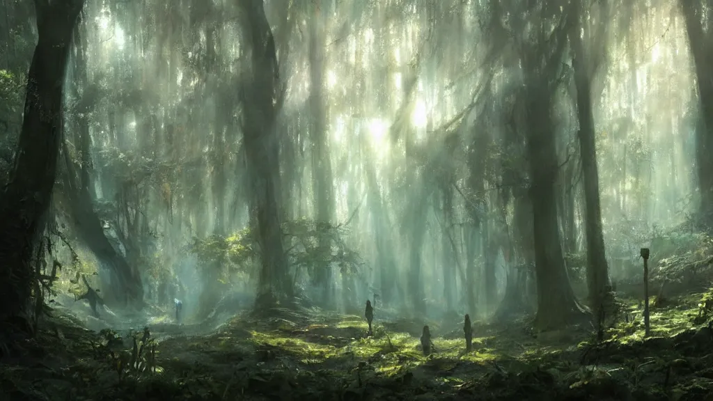 Image similar to A Craig Mullins oil painting of a hauntingly beautiful elven forest in the morning; rays of light coming through the canopy; trending on artstation; extraordinary masterpiece!!!!!!; 8k