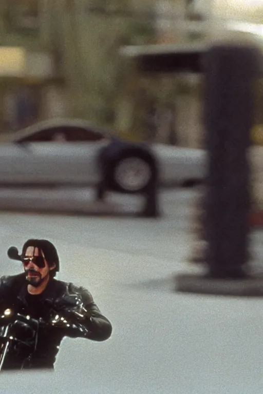 Image similar to beautiful hyperrealism three point perspective film still of Keanu Reeves as neo in bullet in a nice oceanfront promenade motorcycle chase scene in Matrix meets ronin(1990) extreme closeup portrait in style of 1990s frontiers in translucent porcelain miniature street photography fashion edition, focus on face, tilt shift style scene background, soft lighting, Kodak Portra 400, cinematic style, telephoto by Emmanuel Lubezki