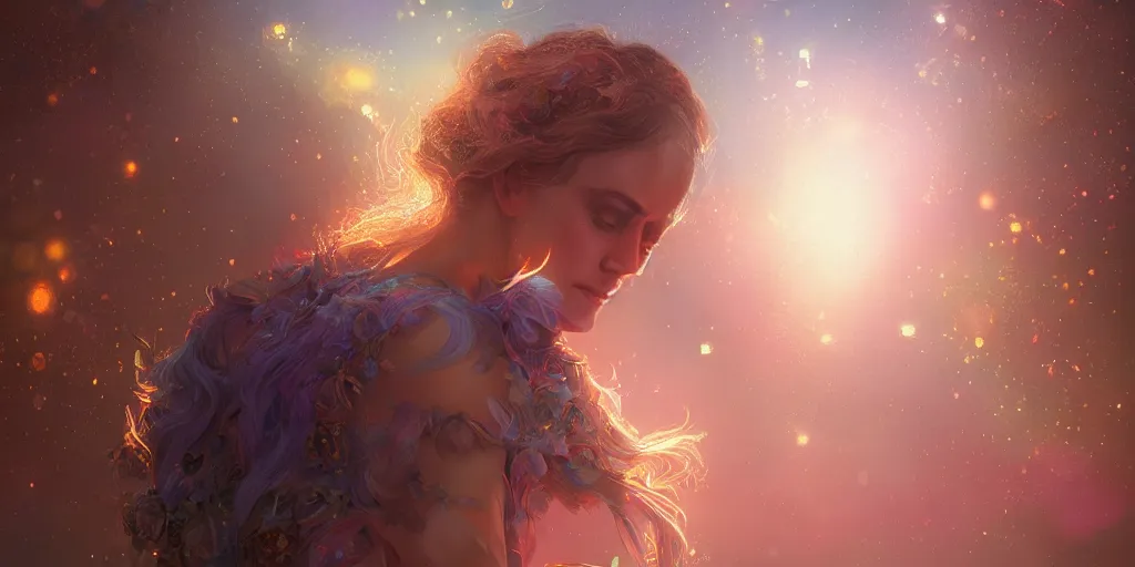 Image similar to the great beyond sharp focus, intricate, elegant, digital painting, artstation, matte, highly detailed, concept art, illustration, volumetric lighting, gold and blue and pink color scheme, bokeh light, art by greg olsen and liz lemon swindle