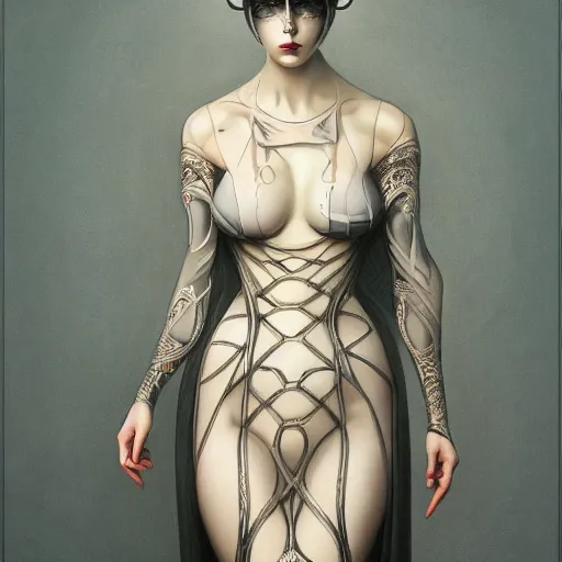 Prompt: wearing a full tight curvy long dress female, soft painting of curiosities and cyber illusions, perfectly detailed linework, symmetrical accurate intricate sensual features, highly detailed, artstation, sharp focus, tom bagshaw