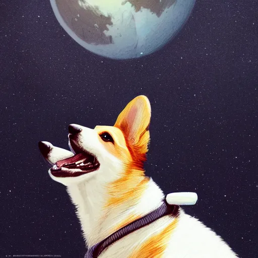 Prompt: adorable corgi puppy on the moon, very lifelike, extremely detailed, beautiful digital illustration by artgerm, moebius, greg rutkowski, ruan jia, simon stalenhag, makoto shinkai, trending on artstation, pixiv, 8 k, masterpiece, award - winning
