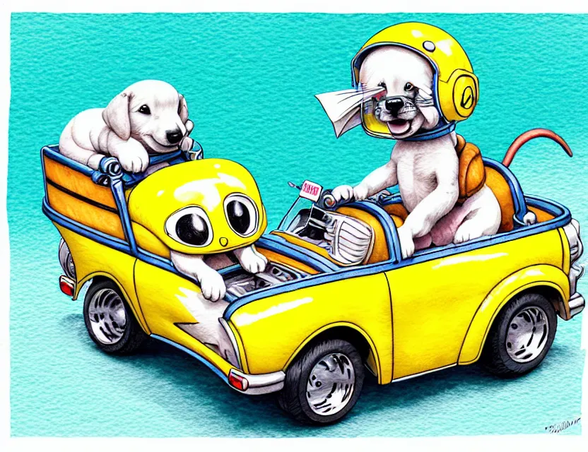 Image similar to cute and funny, puppy wearing a helmet riding in a tiny hot rod with an oversized engine, ratfink style by ed roth, centered award winning watercolor pen illustration, isometric illustration by chihiro iwasaki, edited by range murata, tiny details by artgerm and watercolor girl, symmetrically isometrically centered, sharply focused