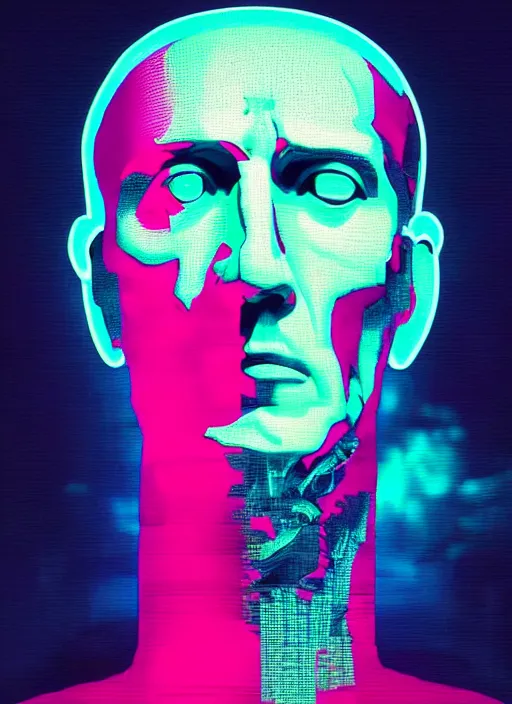 Image similar to portrait of julius caesar with a stoic look, beeple, vaporwave, retrowave, black background, neon, black, glitch, strong contrast, neon wiring, cuts, pinterest, trending on artstation