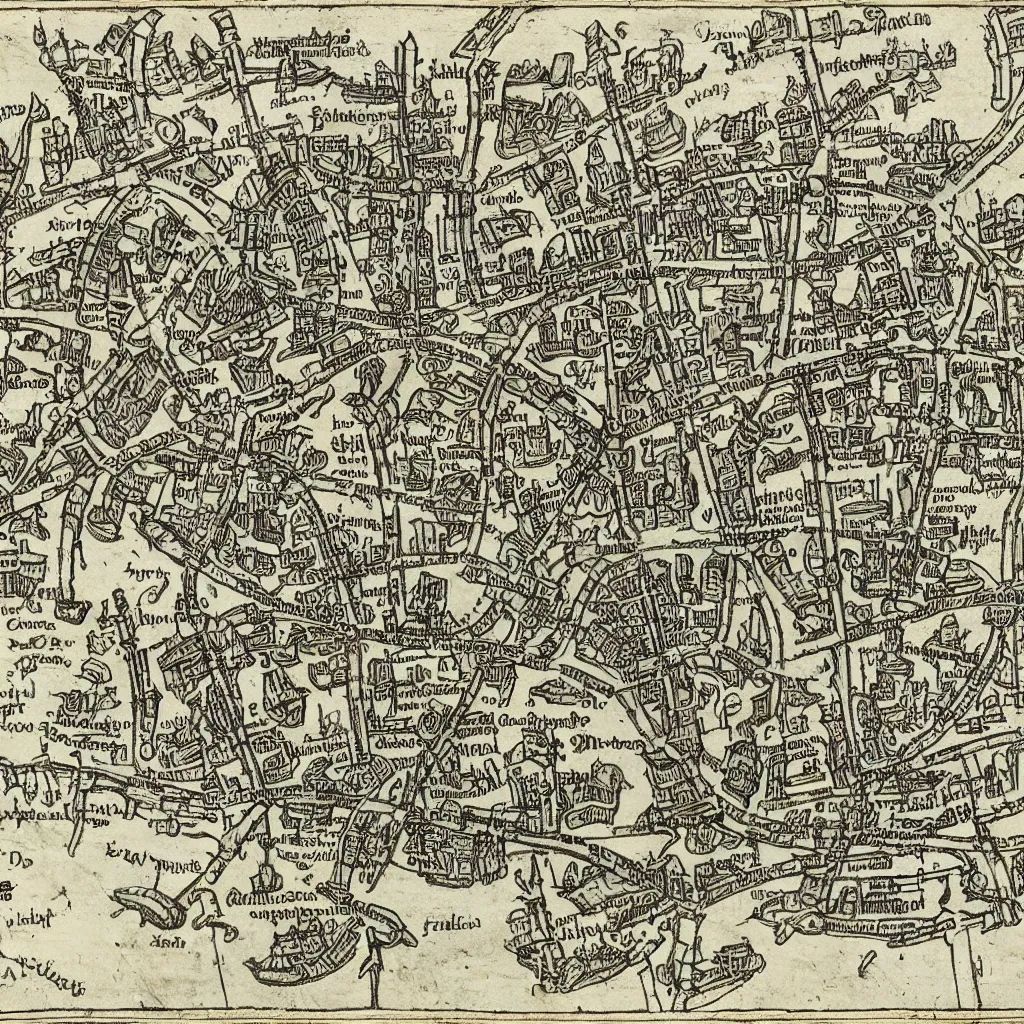 Prompt: medieval london with ports and road, map, technical drawing, schematic, diagram, manuscript