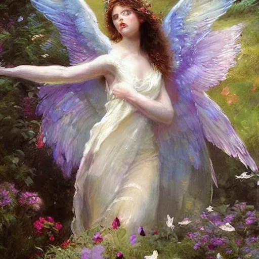 Image similar to an exquisite portrait painting of a beautiful angel with her wings spread out, in a dreamy garden by daniel gerhartz. highly detailed, back lit, beautiful painting, soft illumination, atmospheric, ethereal