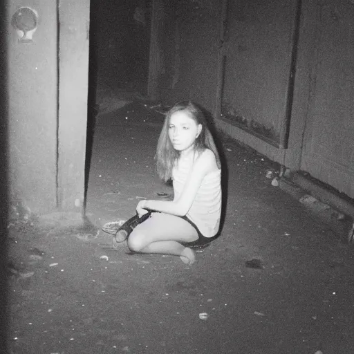 Prompt: An unprofessional photo of a cybernetic underage girl sitting on a dirty floor in the dark, camera flash, weird, scary, documentary photo