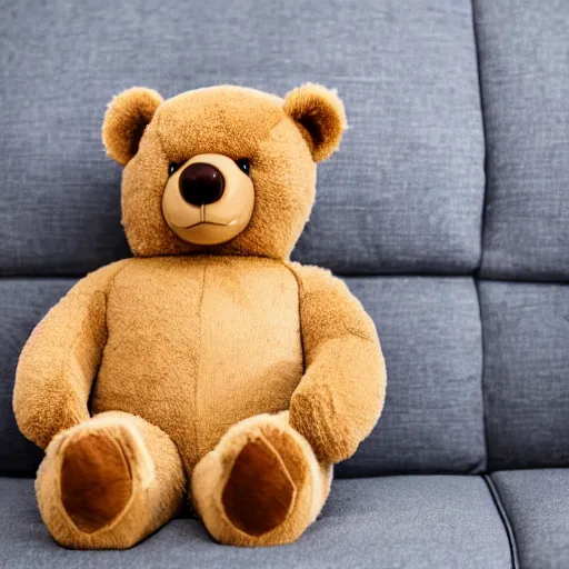 Prompt: a teddy bear wearing business casual clothes sitting on a couch, creepy 4 k photo