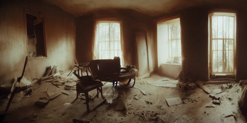 Image similar to interior of a house built on nothing, eerie vibe, leica, 2 4 mm lens, cinematic screenshot from the 2 0 0 1 surrealist film directed by charlie kaufman, kodak color film stock, f / 2 2, 2 4 mm wide angle anamorphic