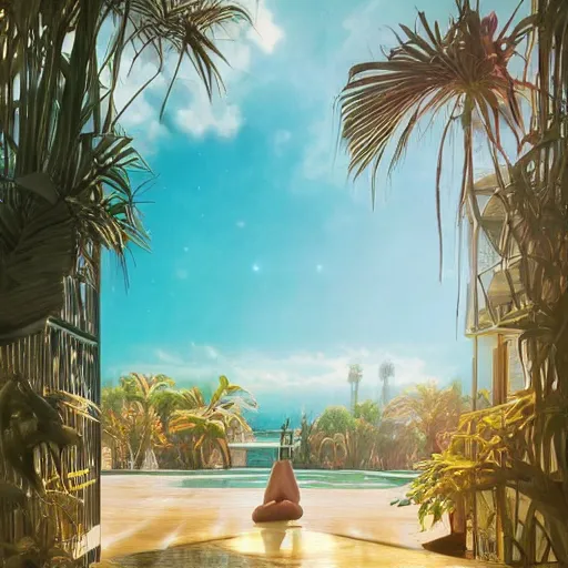 Image similar to indoor liminal space, golden light, greg rutkowski, palm trees, pink door, minimalistic, hyperrealistic surrealism, award winning masterpiece with incredible details, epic stunning, infinity pool mirrors, a surreal vaporwave liminal space with mirrors, highly detailed, trending on artstation, artgerm and greg rutkowski and alphonse mucha, daily deviation