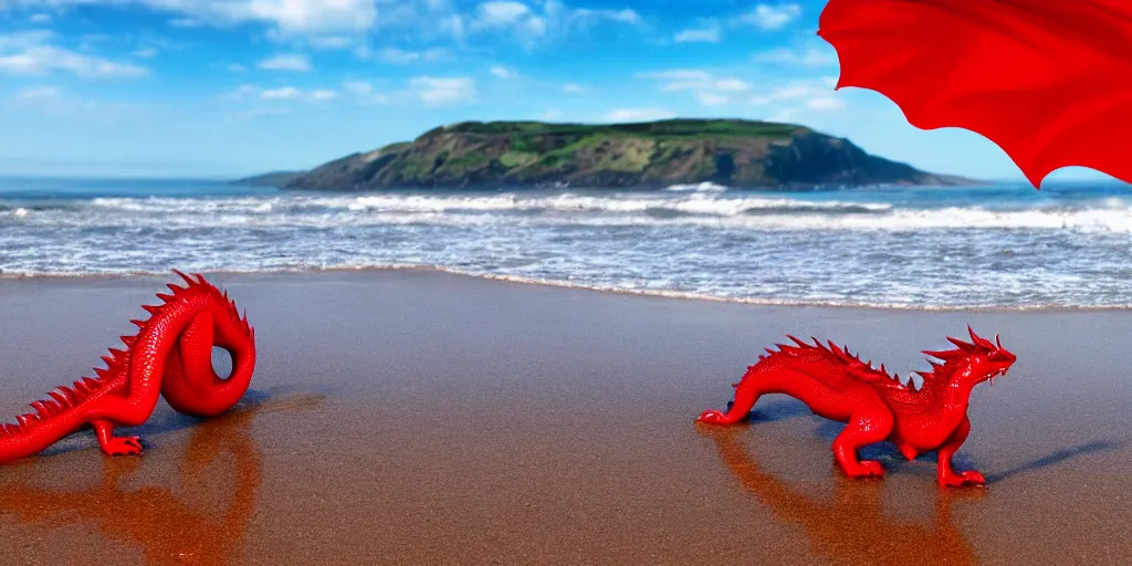 Prompt: a red dragon on charmouth beach with golden cap in the background, highly detailed, hyper realistic, HD wallpaper, 4k, photorealistic