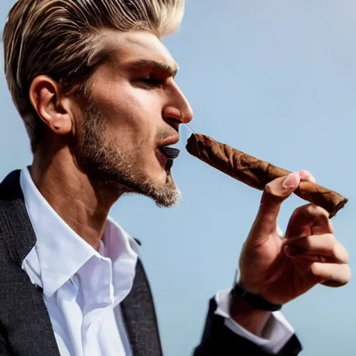 Image similar to a closeup photo of handsome gigachad xqc smoking a cigar