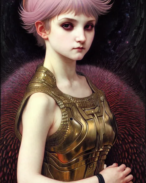 Prompt: portrait of beautiful cute young goth maiden girl with short white hairs in warhammer armor, art by ( ( ( kuvshinov ilya ) ) ) and wayne barlowe and gustav klimt and artgerm and wlop and william - adolphe bouguereau