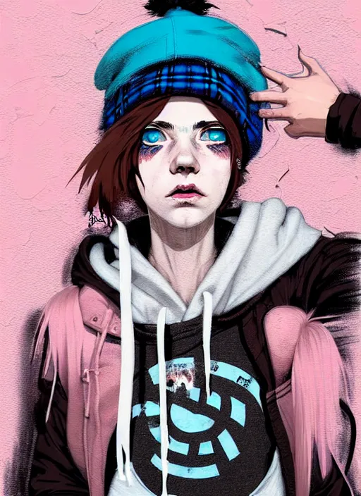 Image similar to highly detailed portrait of an american sewer punk lady student, blue eyes, tartan hoody, hat, white hair by atey ghailan, by greg tocchini, by kaethe butcher, by james gilleard, gradient pink, black, brown, cream and light blue color scheme, grunge aesthetic!!! ( ( graffiti tag wall ) )