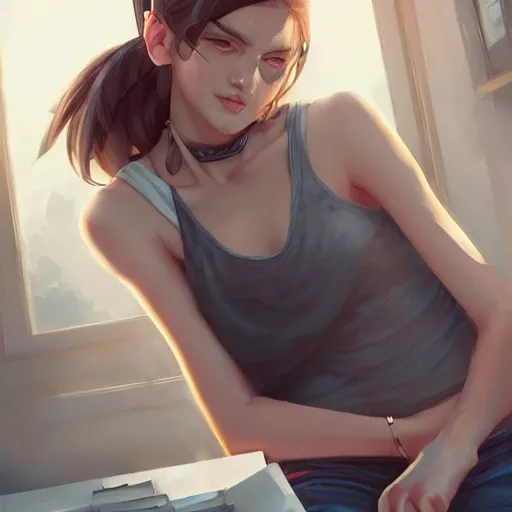 Prompt: cute woman wearing tank top and cat ears plays on computer, digital art, photorealistoc, art by greg rutkowski, hyperdetailed, western comic style, comic, comic style, sharp lineart, professional lighting, deviantart, artstation, trevor henderson, rossdtaws, cinematic, dramatic