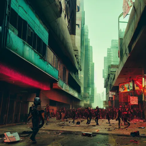 Image similar to photograph of a riot in a cyberpunk city street