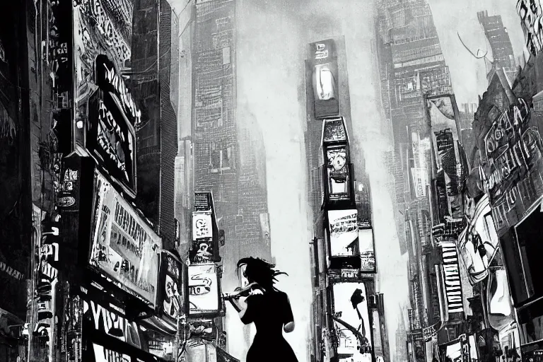 Prompt: an intricate, awe inspiring cyberpunk illustration of a girl with balloon, Times Square, by Ansel Adams ((black and white))