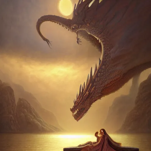 Prompt: a photorealistic painting of a woman and a dragon, a matte painting by christophe vacher, featured on deviantart, fantasy art, matte painting, storybook illustration, 2 d game art. extremely detailed. realism. symmetry. photorealism. award winning masterpiece. octane render. unreal engine.
