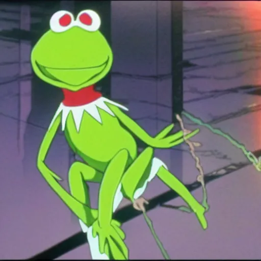 Image similar to Still from the anime movie End of Evangelion, Kermit the Frog from Sesame Street as a giant Rei Ayanami