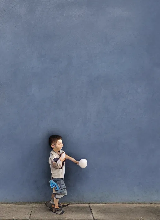 Image similar to a side profile of a boy holding a single blue balloon on a concrete background in the style of Banksy, graffiti, digital art