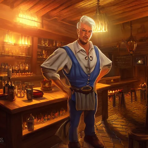 Image similar to barkeep tavern blonde short hair middle age man ultra detailed fantasy, elden ring, realistic, dnd character portrait, full body, dnd, rpg, lotr game design fanart by concept art, behance hd, artstation, deviantart, global illumination radiating a glowing aura global illumination ray tracing hdr render in unreal engine 5