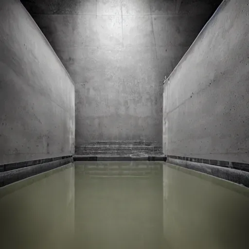 Prompt: dingy abandoned concrete room, triangular room, gray, museum, concrete staircase leading down, staircase flooded with water to create a moon pool, Photograph.