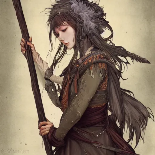 Prompt: detailed 2 d fantasy picture a woman with gray hear, using dead lion costume jacket, and holding long stick in the style of artgerm and greg rutkowski and alphonse mucha