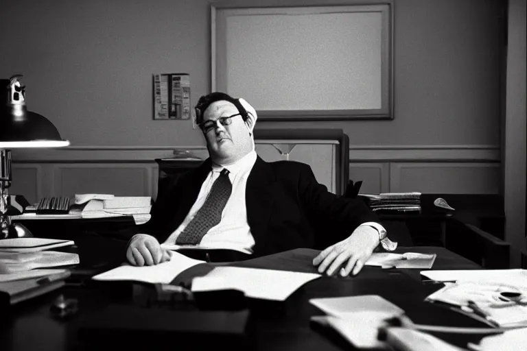 Prompt: cinematic film still from 1994 film: portly clean-shaven white man wearing suit and necktie at his desk, holding his left up in the air, XF IQ4, f/1.4, ISO 200, 1/160s, 8K, RAW, dramatic lighting, symmetrical balance, in-frame