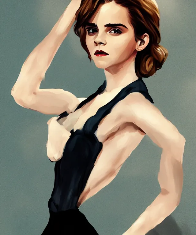 Image similar to emma watson pinup style full body portrait, pinup pose, standing up, elegant, digital painting, trends on artstation, concept art