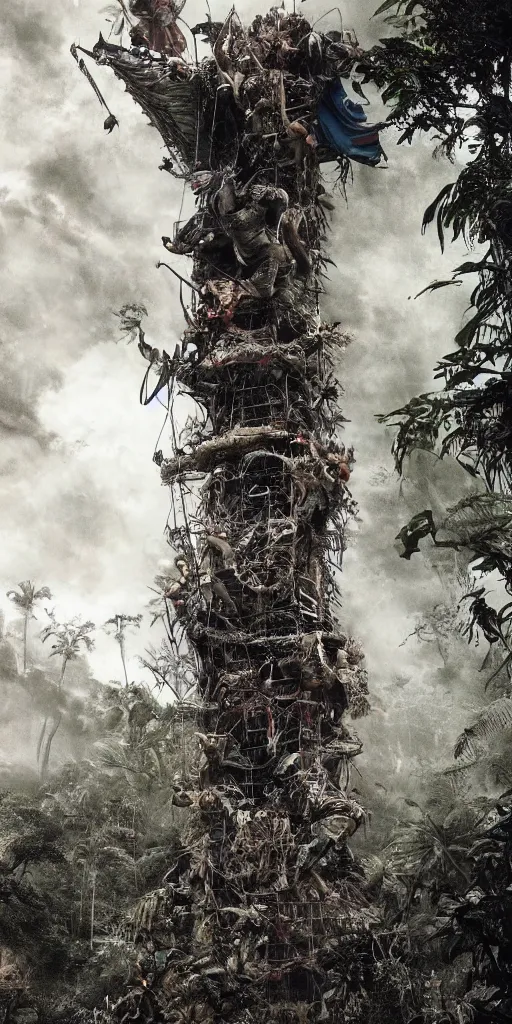 Image similar to editorial photo of tower in the jungle full of climbing people, armored warriors and Amazon climbs and fight, epic,three point perspective, vintage, blood, slight inspiration of Boris vallejo and apocalypto, war photography