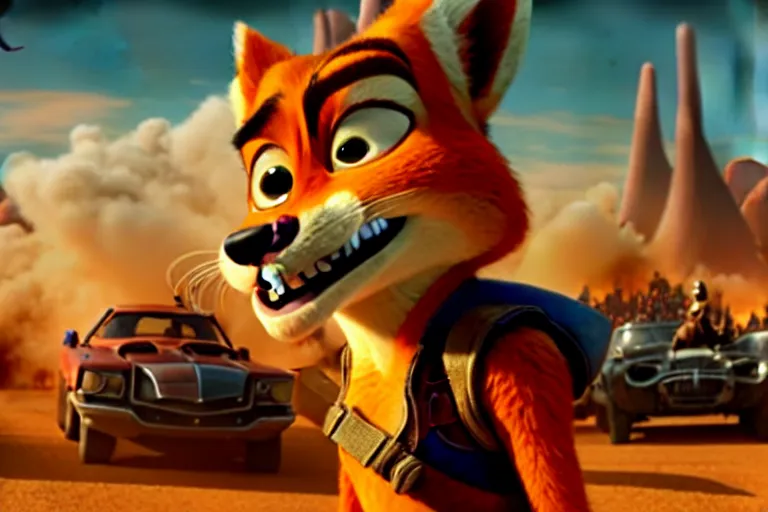 Image similar to nick wilde ( from zootopia ), heavily armed and armored facing down armageddon in a dark and gritty reboot from the makers of mad max : fury road