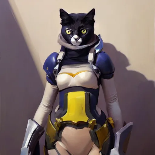 Image similar to greg manchess portrait painting of partially armored purrfect protagonist cat as overwatch character, medium shot, asymmetrical, profile picture, organic painting, sunny day, matte painting, bold shapes, hard edges, street art, trending on artstation, by huang guangjian and gil elvgren and sachin teng