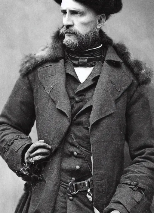 Prompt: portrait of a victorian man wearing a winter coat, military, highly detailed, fantasy, cinematic lighting, close up, ultra realistic, photograph by elliott & fry