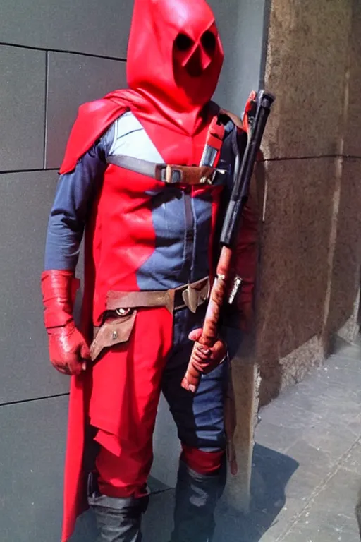 Image similar to red hood cosplay, cellphone picture