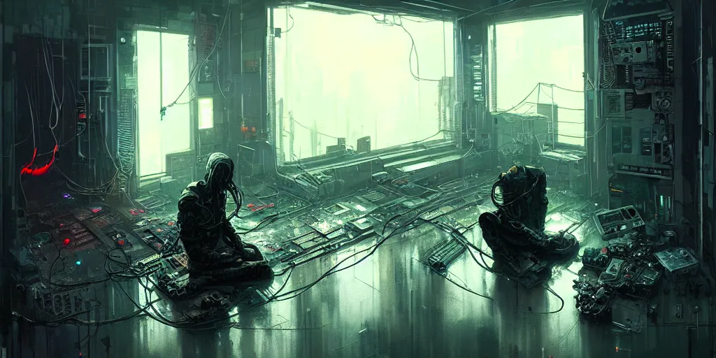 Image similar to a cyborg sitting on the floor, inside an old apartment, cybernetic parts and wires and cables scattered across the floor, dystopian aesthetics, cyberpunk, detailed oil painting, misty, cinematic, dramatic lighting, ominous, by ilya kuvshinov and ruan jia and jeremy mann