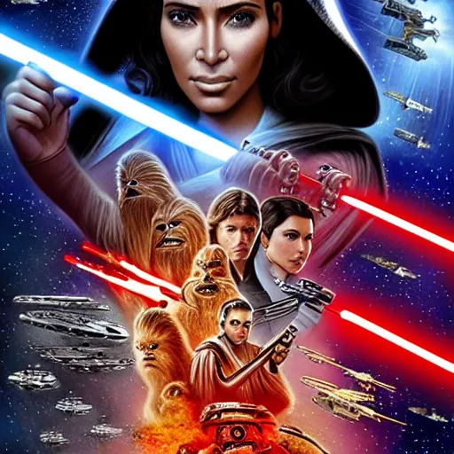 Image similar to super detailed star wars movie poster with Jesus Christ and kim kardashian, 8k full HD photo, cinematic lighting, anatomically correct, oscar award winning, action filled, correct eye placement,