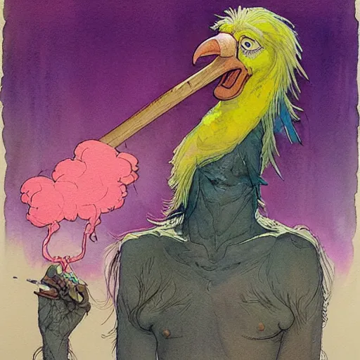 Image similar to a realistic and atmospheric watercolour fantasy character concept art portrait of big bird with pink eyes wearing a wife beater and smoking a huge blunt by rebecca guay, michael kaluta, charles vess and jean moebius giraud