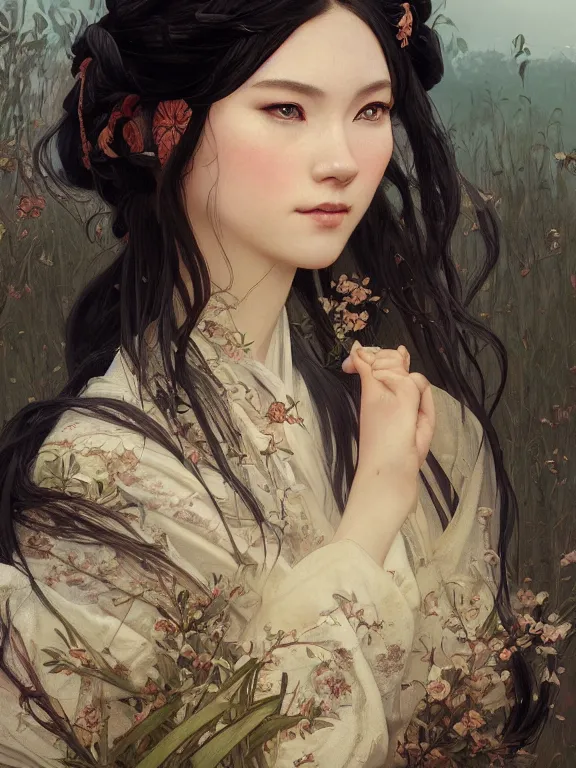 Prompt: portrait of a beautiful seductive european girl wearing hanfu, farm background, fantasy, d & d, dark eyeliner, intricate, elegant, highly detailed, digital painting, artstation, concept art, matte, sharp focus, illustration, art by greg rutkowski and alphonse mucha