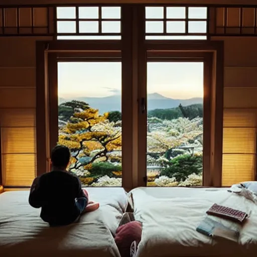 Image similar to a cozy room in Japan with the sunset through the windows and a couple watching the sunset together