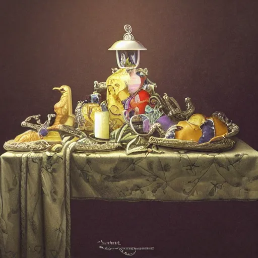 Prompt: a still life painting of a miniature tabletop cemetery under an ornate glass dome, by paulette tavormina and janet fish and michael whelan and vermeer, on a velvet tablecloth, extremely detailed, photorealistic, surrealism, dramatic lighting, smooth sharp focus, featured on artstation, octane render