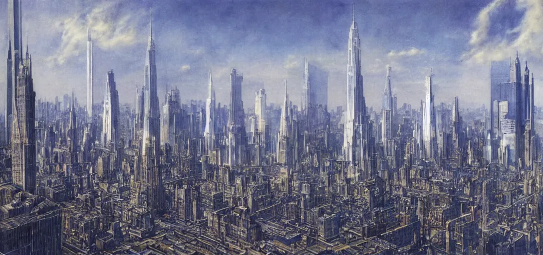 Prompt: A futuristic landscape of New York City with domes and very tall buildings in the year 2050 by Alan Lee