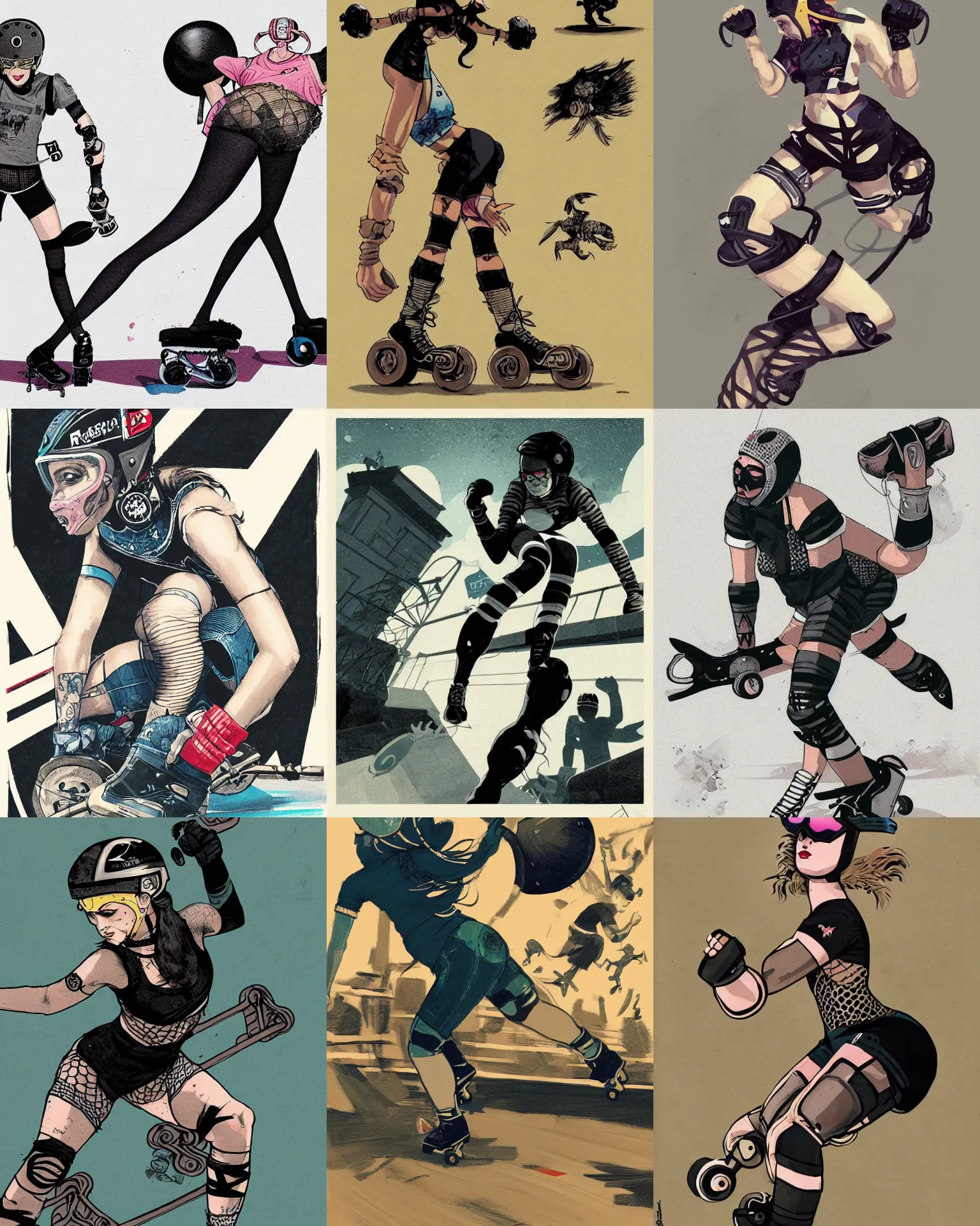 Prompt: roller derby girl doing Cross-Over, wearing skate helmet, knee pads, elbow pads, fishnet tights, showing off biceps, illustration by greg rutkowski and mcbess, award winning