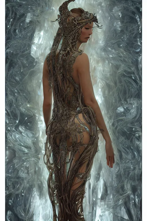 Prompt: a realistic moody photo of a beautiful ancient alien woman goddess kate moss nymph standing in iris van herpen dress jewelery and fractals in style of alphonse mucha art nuvo dmt trending on artstation made in unreal engine 4