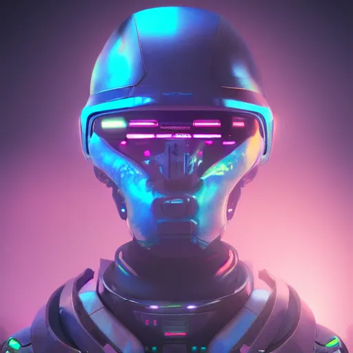 Image similar to cyberpunk concept cool warrior bot, cinema 4 d, galaxy, ufo, space sci - fi, wearing vr goggles, illustration, portrait, pastel neon textured background night, trending on artstation, greg rutkowski, octane rendered, 1 2 k, detailed,