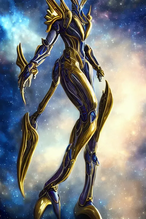 Image similar to intricate high detail elegant beautiful stunning quality cosmic huge goddess giantess hot female warframe anthro mecha female dragon, gold body, sleek metal ears, sleek eyes, smooth blue skin, sleek gold armor, bigger than galaxy, epic proportions, epic scale, epic size, warframe destiny art, furry, dragon art, goddess, giantess, furaffinity, octane